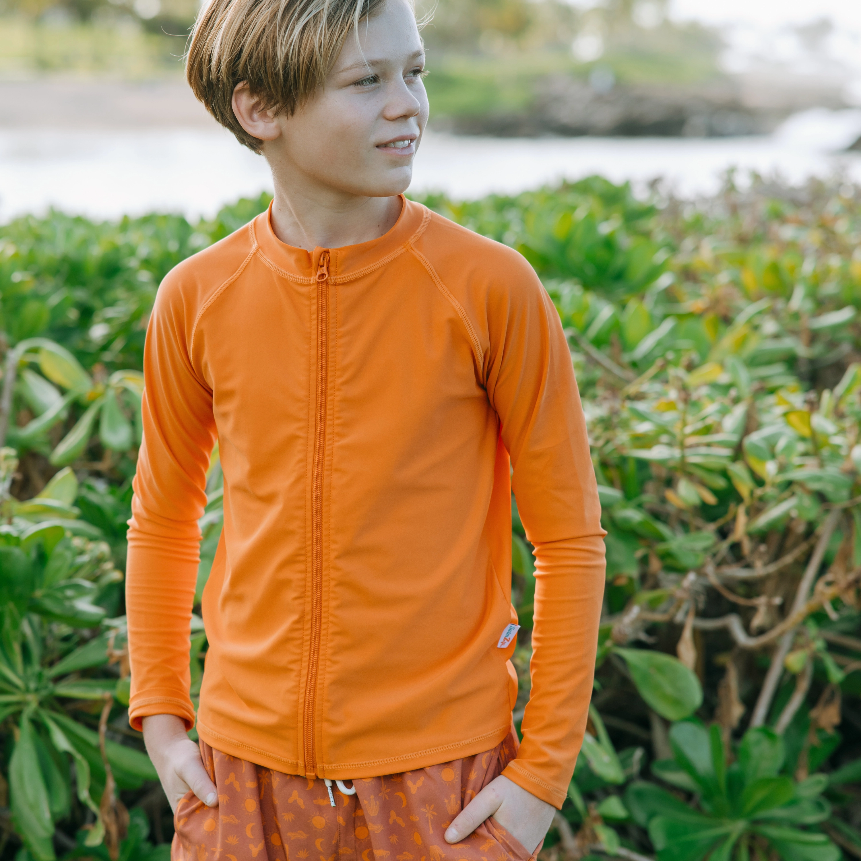 Kids UPF 50  Long Sleeve Zipper Rash Guard Swim Shirt | "Desert Orange"