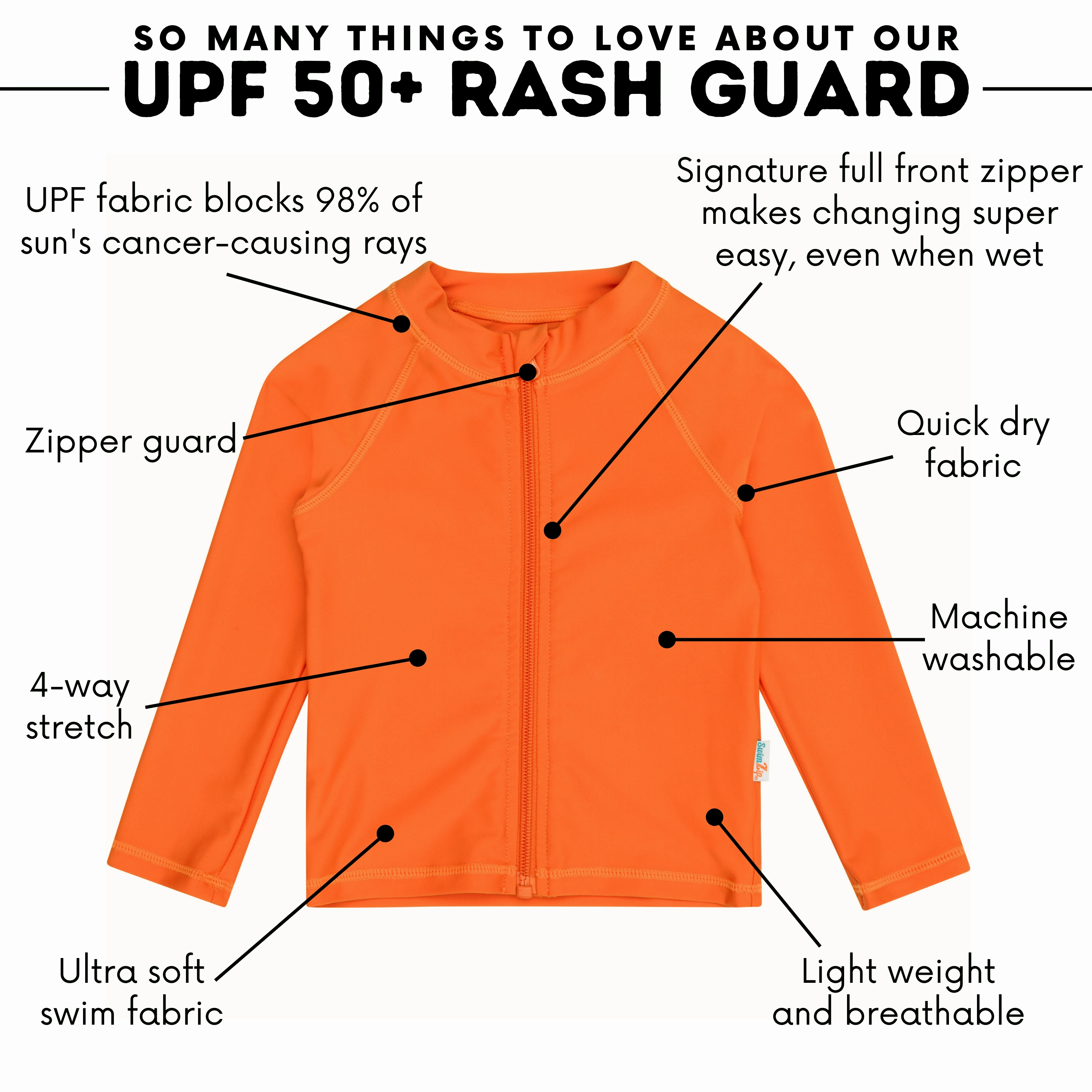 Kids UPF 50  Long Sleeve Zipper Rash Guard Swim Shirt | "Desert Orange"