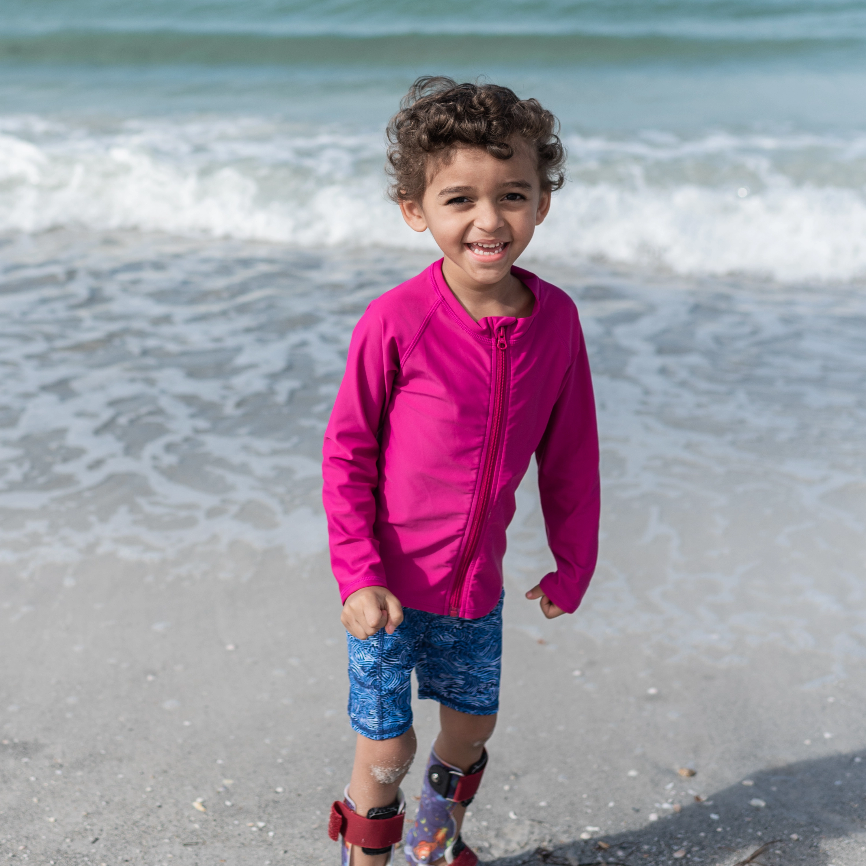 Kids UPF 50  Long Sleeve Zipper Rash Guard Swim Shirt | "Fuchsia