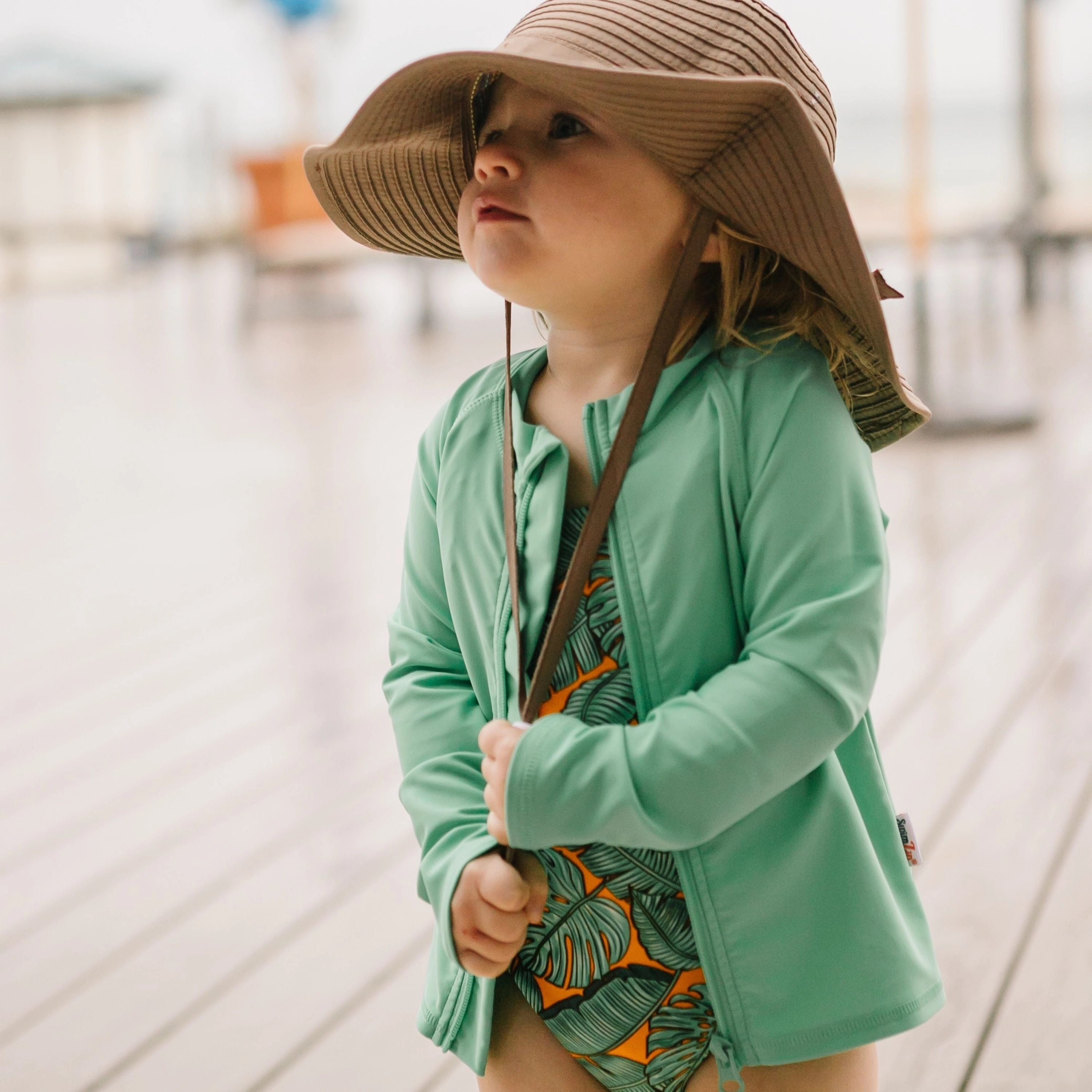 Kids UPF 50  Long Sleeve Zipper Rash Guard Swim Shirt | "Light Jade"