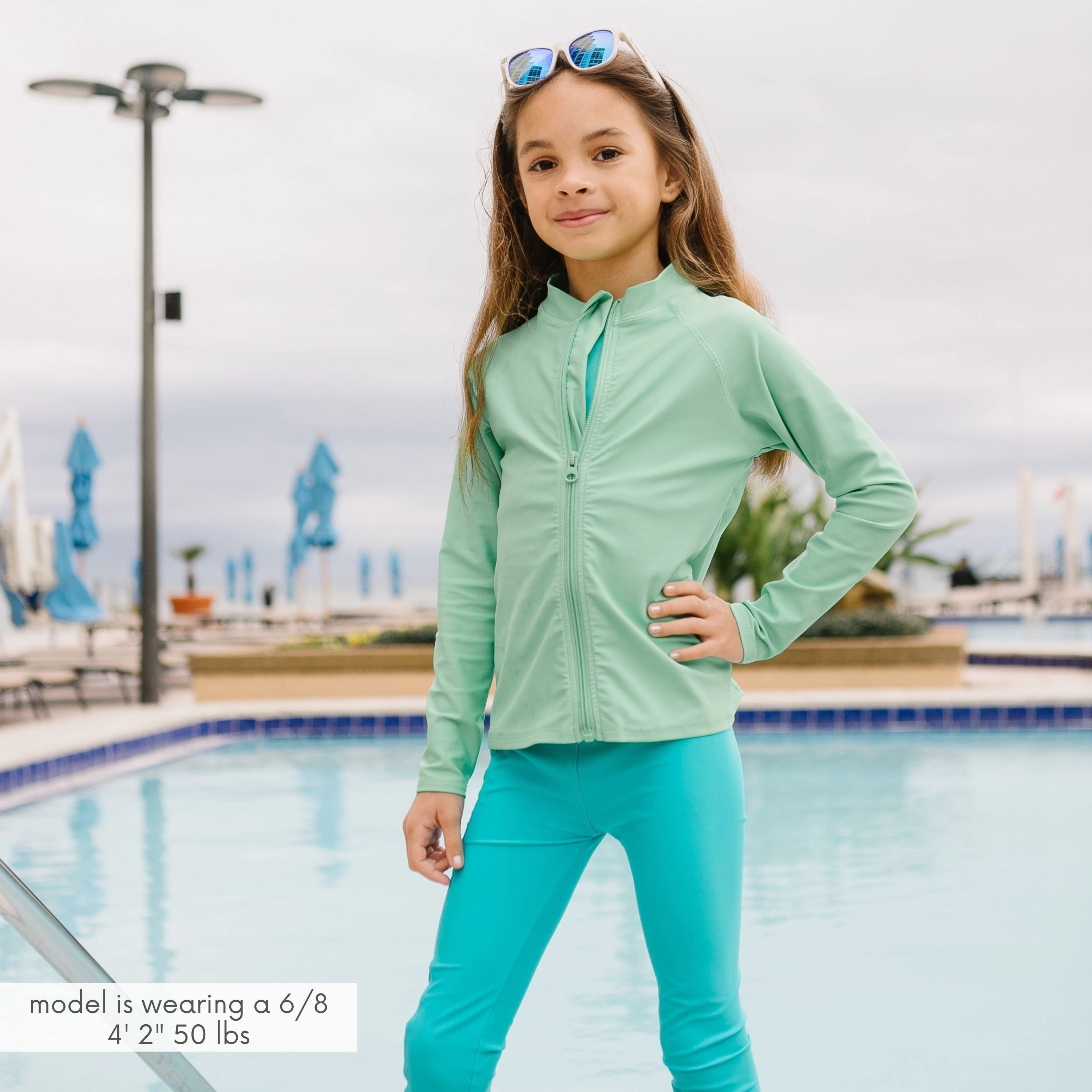 Kids UPF 50  Long Sleeve Zipper Rash Guard Swim Shirt | "Light Jade"