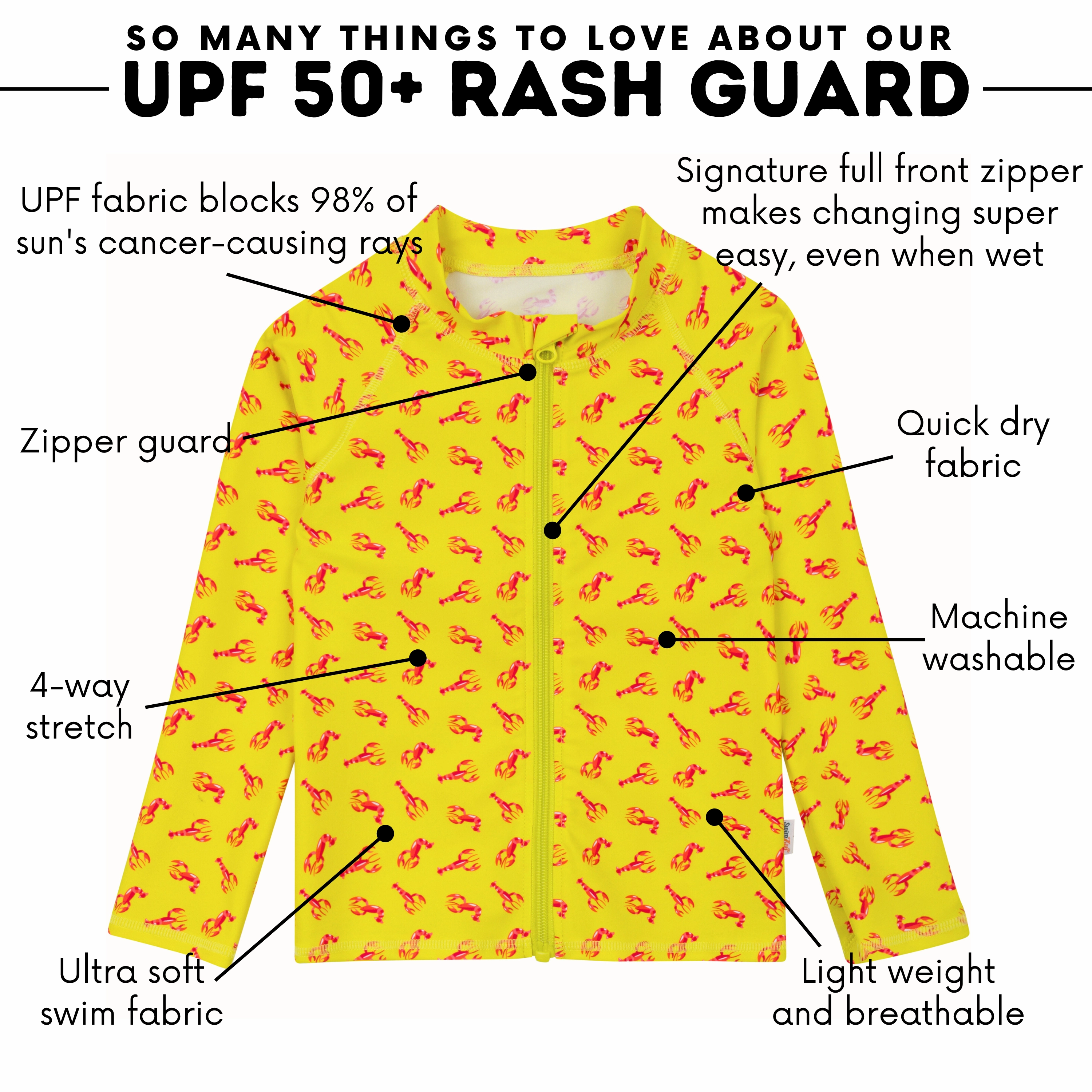 Kids UPF 50  Long Sleeve Zipper Rash Guard Swim Shirt | "Lobster"