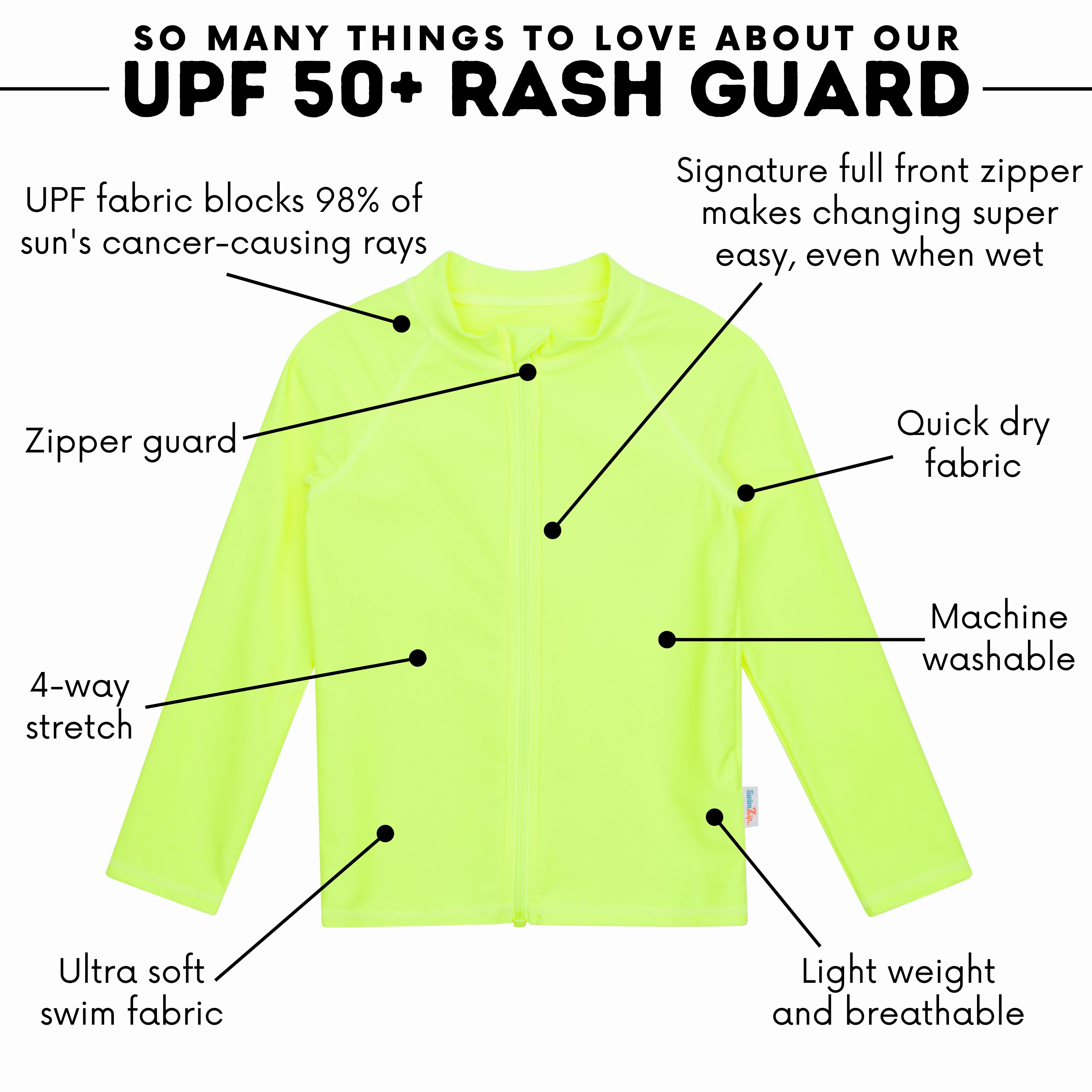 Kids UPF 50  Long Sleeve Zipper Rash Guard Swim Shirt | "Neon Yellow"