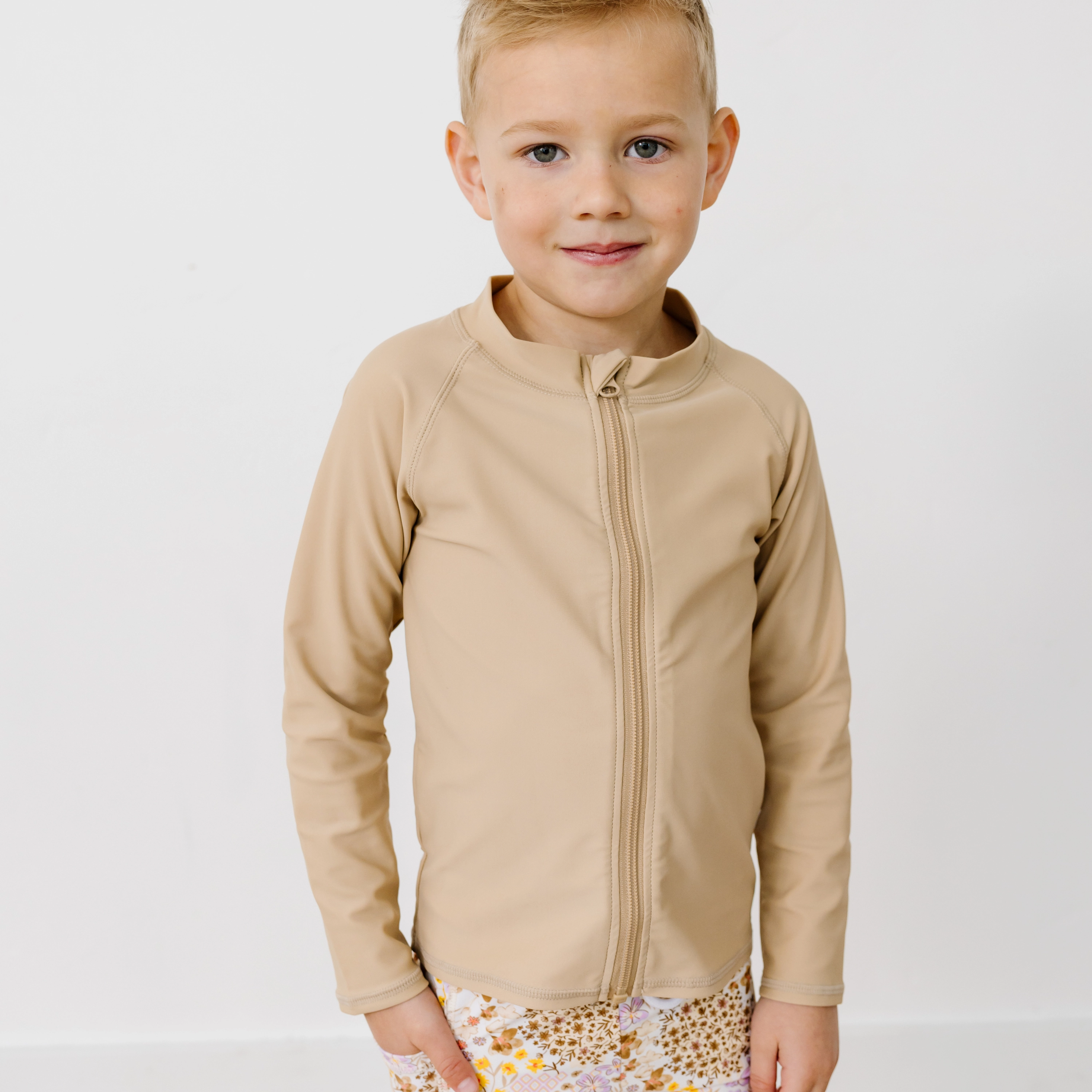 Kids UPF 50  Long Sleeve Zipper Rash Guard Swim Shirt | "Sandy Beach"