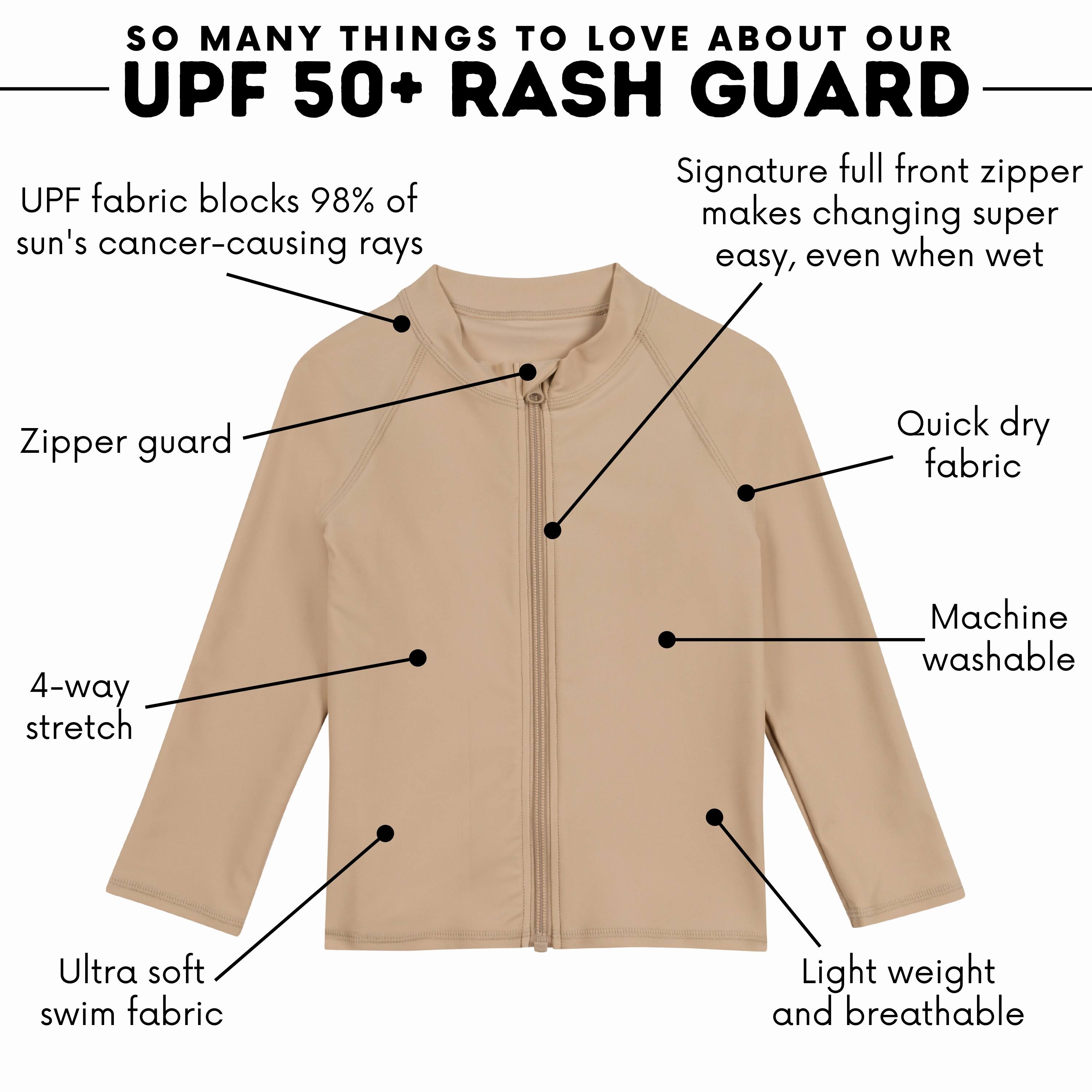 Kids UPF 50  Long Sleeve Zipper Rash Guard Swim Shirt | "Sandy Beach"