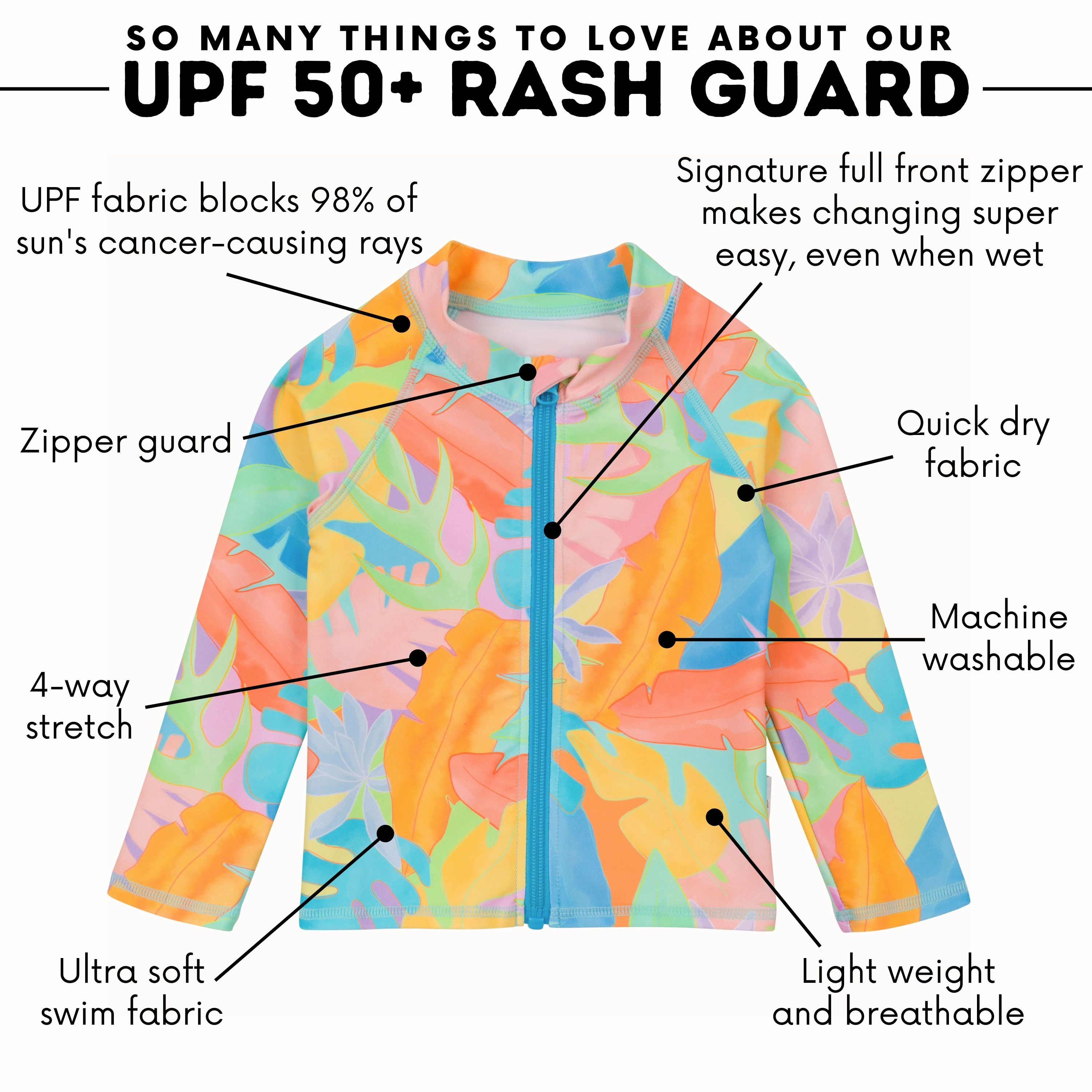 Kids UPF 50  Long Sleeve Zipper Rash Guard Swim Shirt | "Vibrant Vacay"