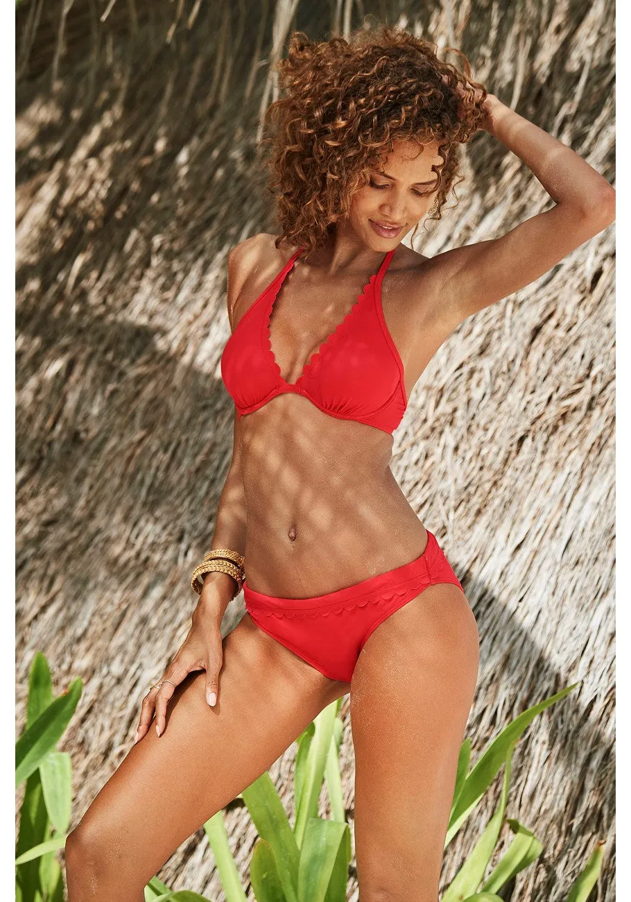 LASCANA Women's Scallop Classic Bikini Swim Bottom, Red, 12