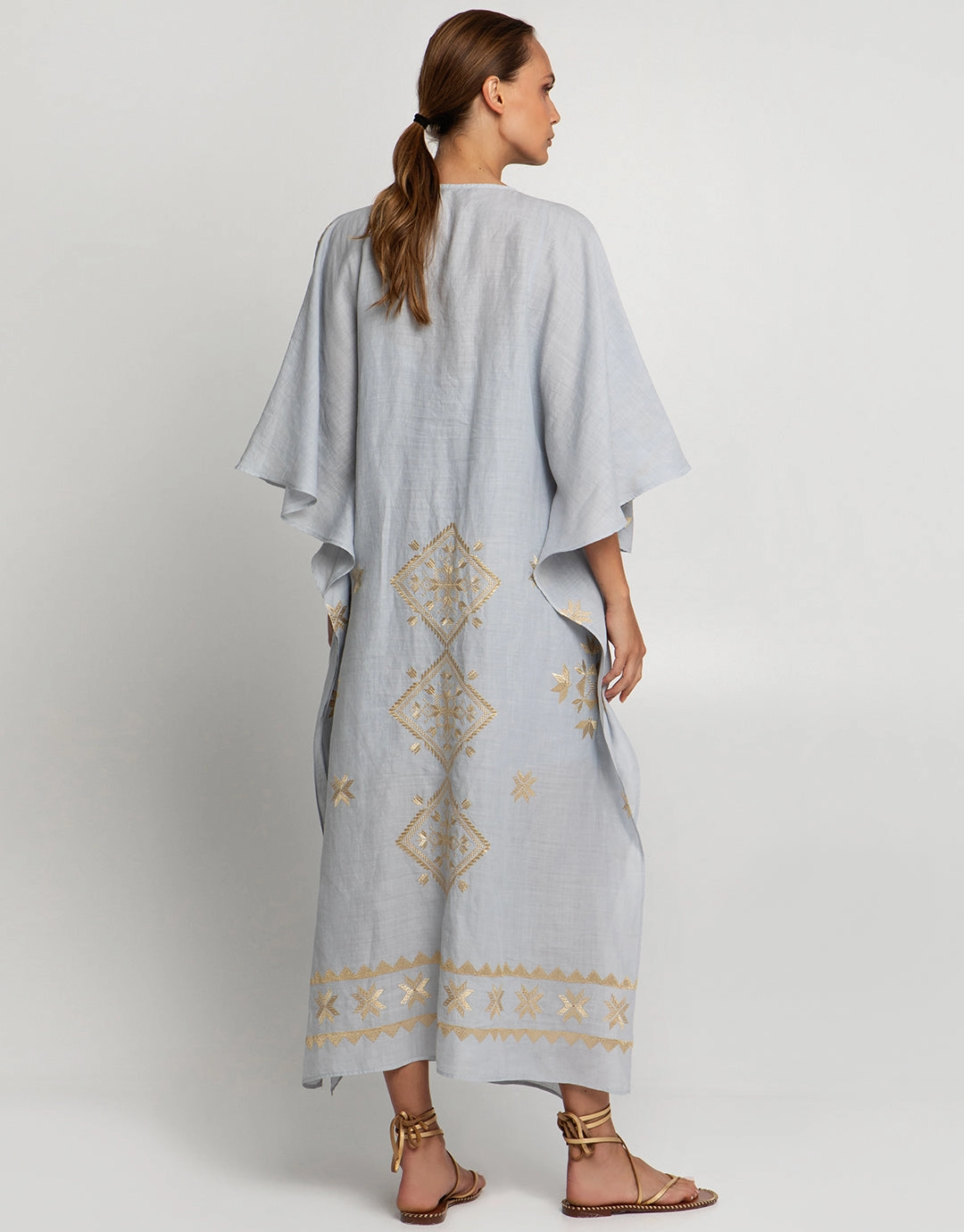 Lefkada Kimono Sleeve Maxi Kaftan - Light Grey and Gold