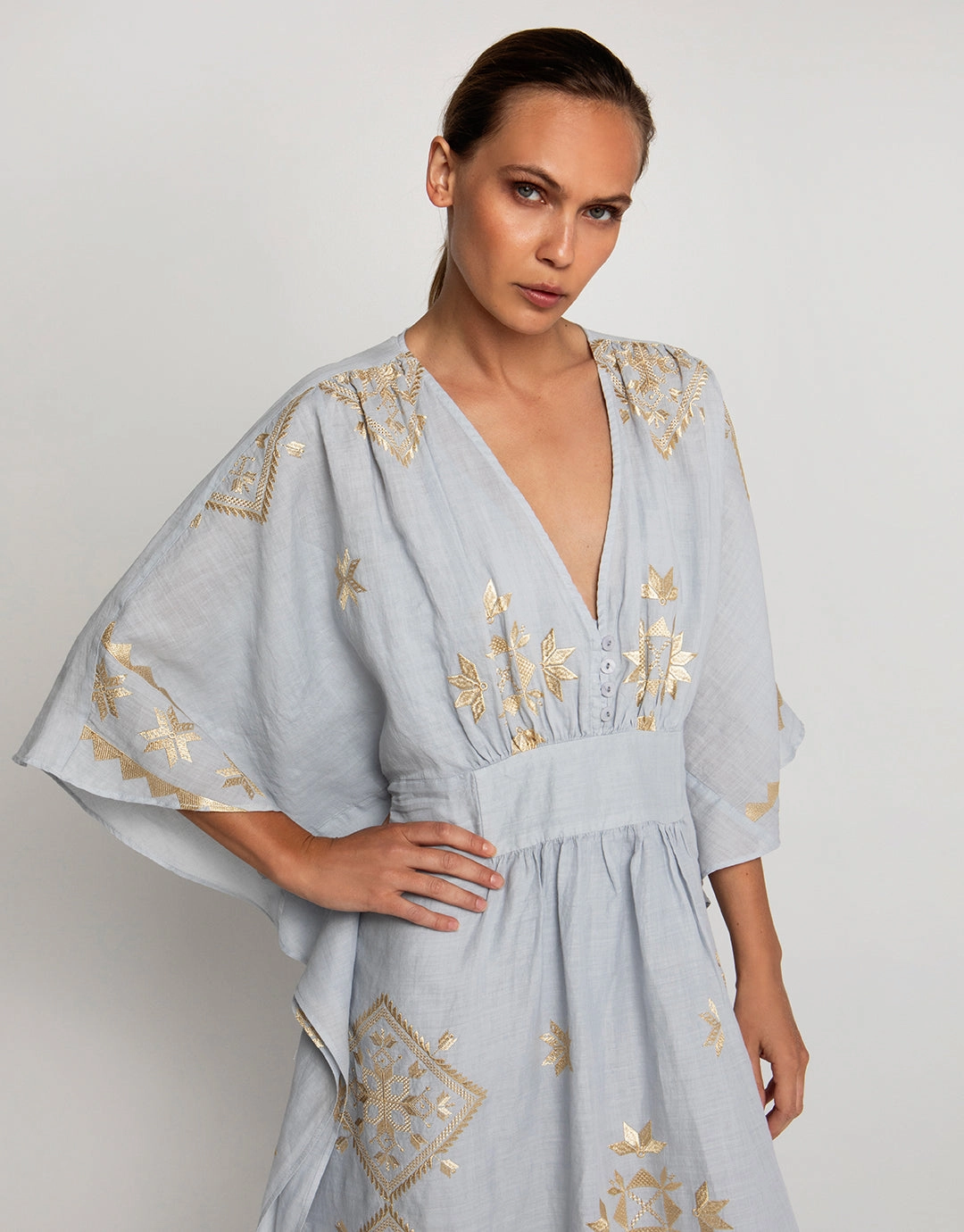 Lefkada Kimono Sleeve Maxi Kaftan - Light Grey and Gold