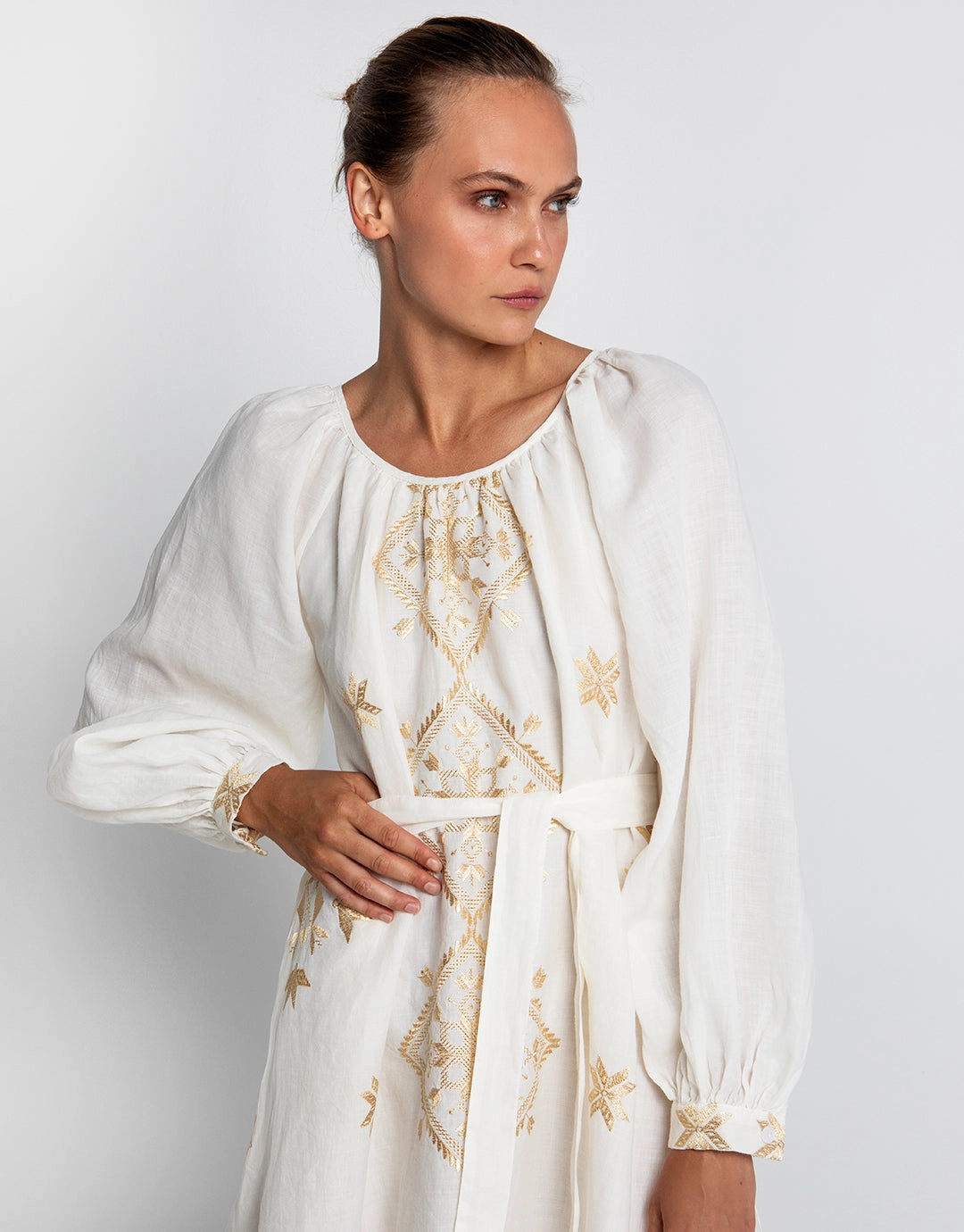 Lefkada Round Neck Midi Kaftan Dress - Natural and Gold