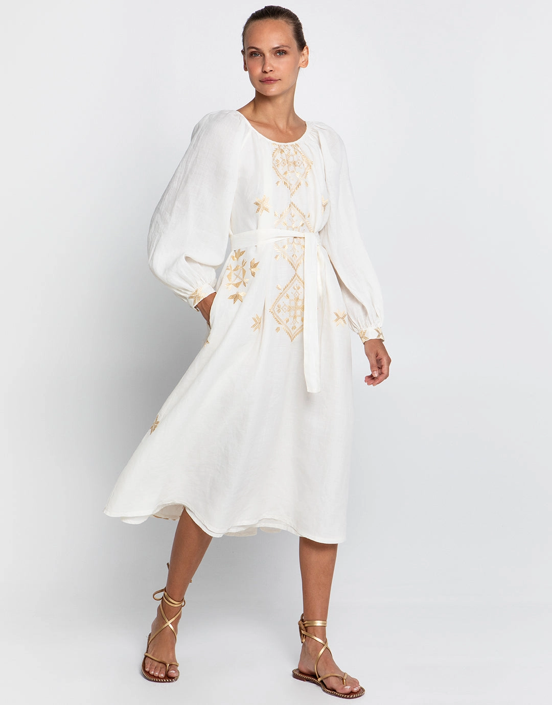 Lefkada Round Neck Midi Kaftan Dress - Natural and Gold