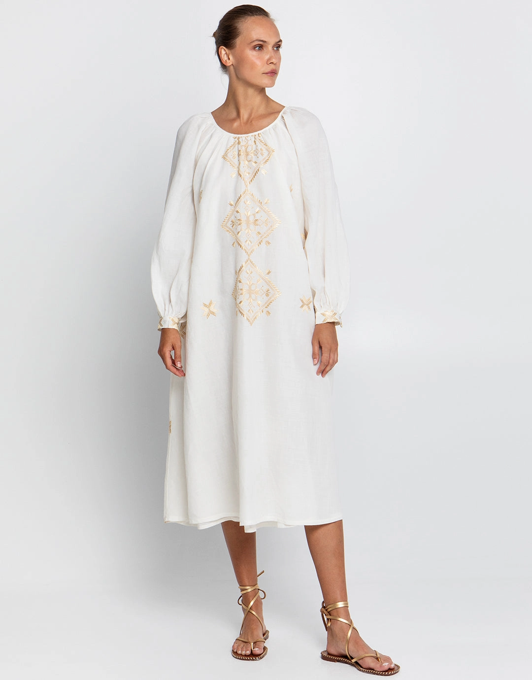 Lefkada Round Neck Midi Kaftan Dress - Natural and Gold