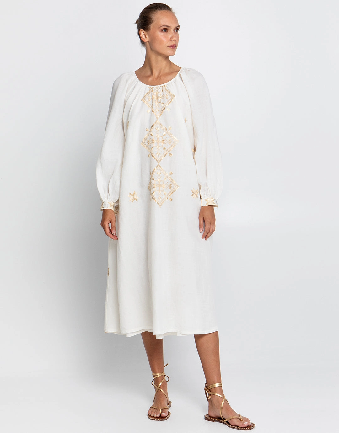 Lefkada Round Neck Midi Kaftan Dress - Natural and Gold