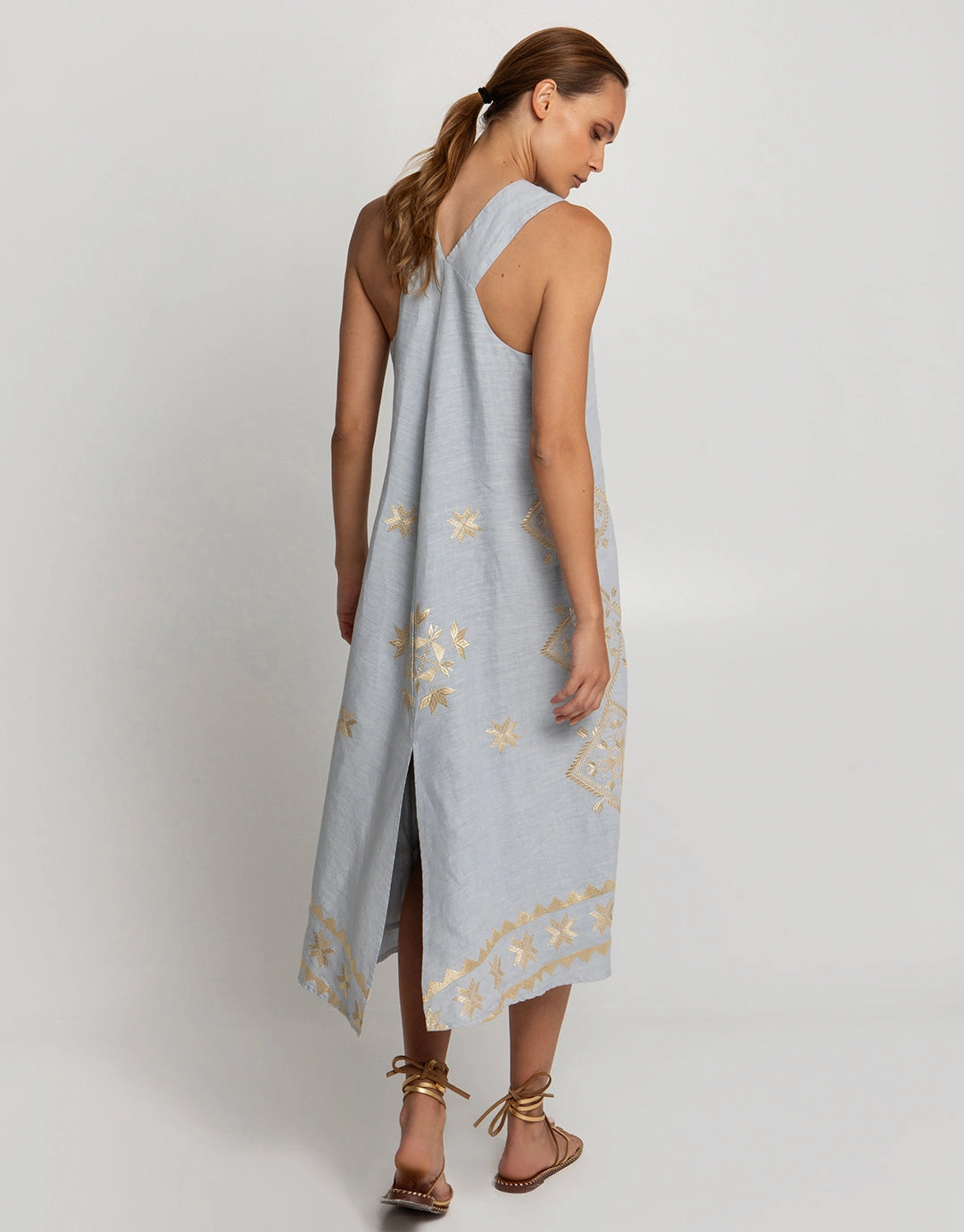 Lefkada Sleeveless Midi Dress - Light Grey and Gold