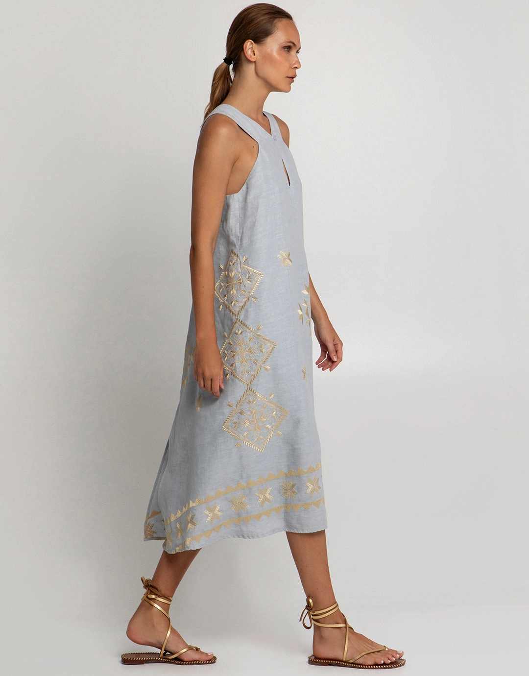 Lefkada Sleeveless Midi Dress - Light Grey and Gold