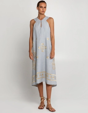 Lefkada Sleeveless Midi Dress - Light Grey and Gold