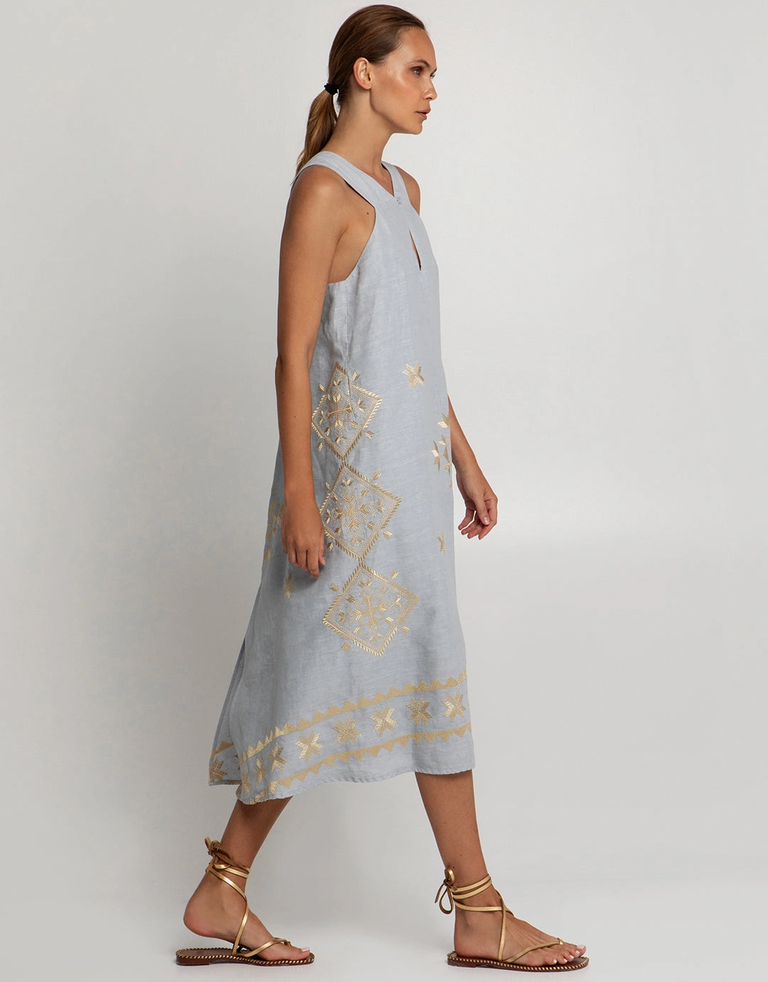 Lefkada Sleeveless Midi Dress - Light Grey and Gold