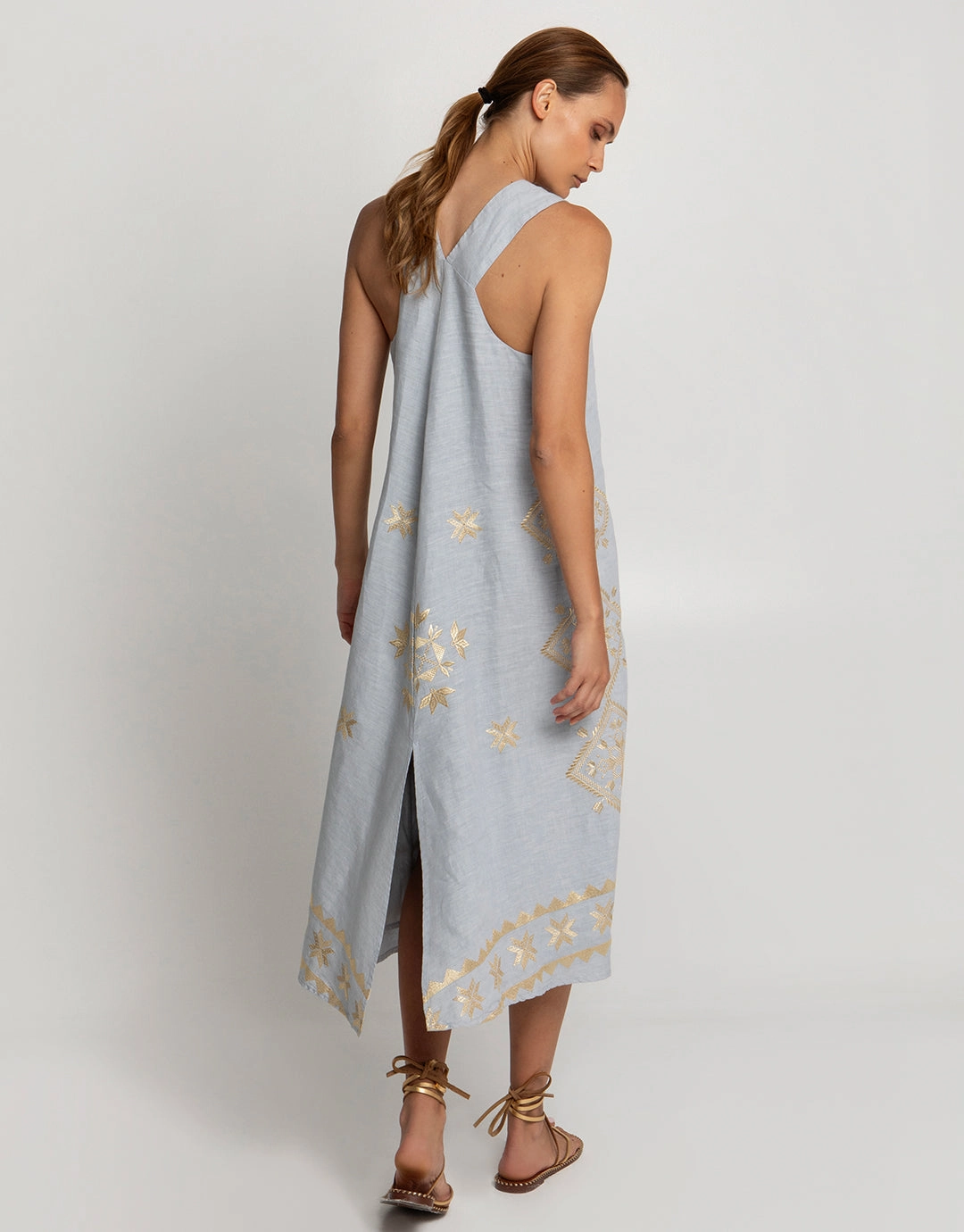 Lefkada Sleeveless Midi Dress - Light Grey and Gold