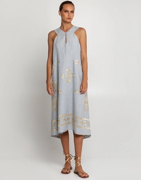 Lefkada Sleeveless Midi Dress - Light Grey and Gold