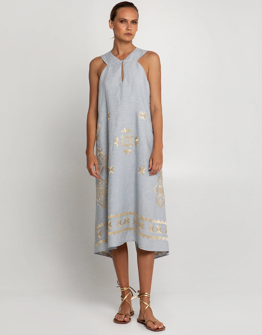 Lefkada Sleeveless Midi Dress - Light Grey and Gold