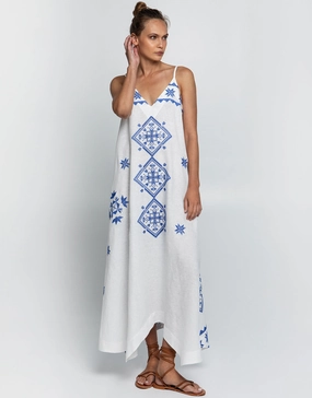 Lefkada Strappy Maxi Dress - White and Blue