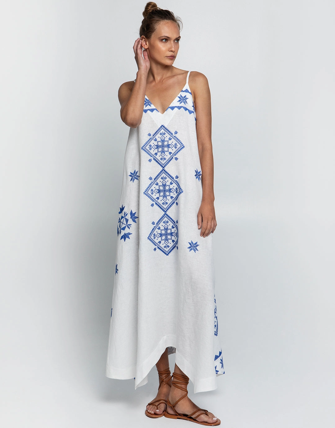 Lefkada Strappy Maxi Dress - White and Blue