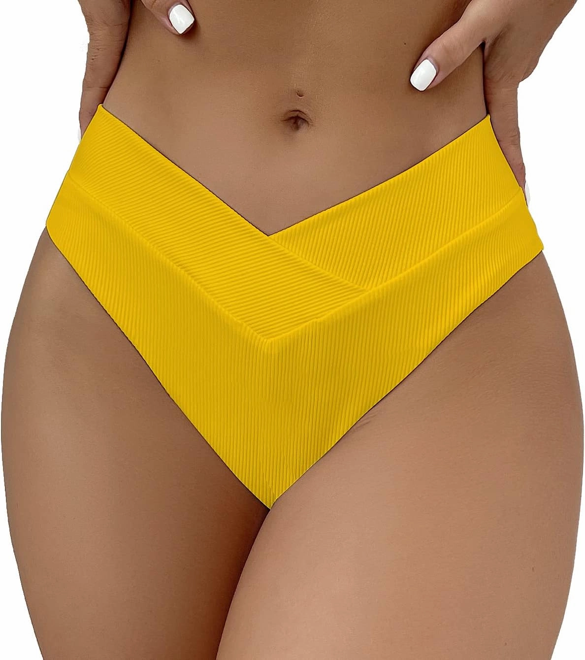 Leoparts Women's V Cut High Waisted Bikini Bottom Ribbed High Cut Cheeky Swimsuit Bathing Suit Bottoms