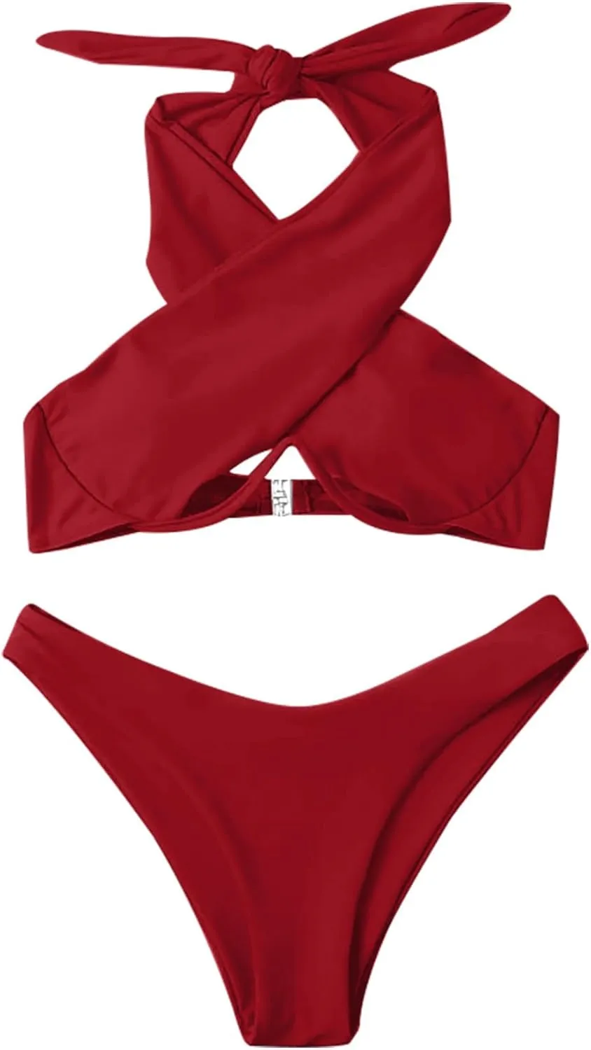 Lilosy Sexy Cute Underwire Cutout Halter Bikini Swimsuit Set Women Criss Cross Bathing Suit 2 Piece