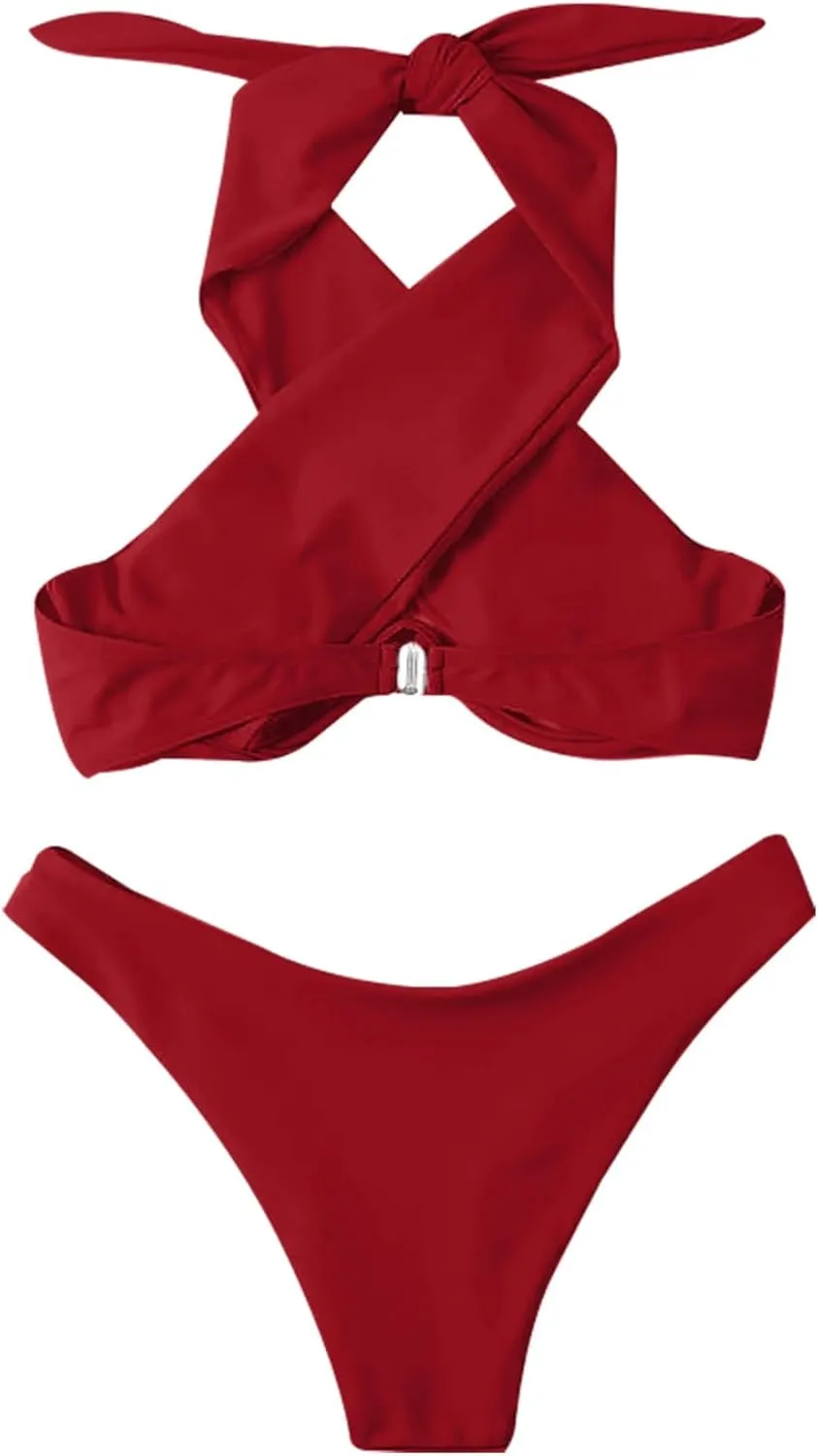 Lilosy Sexy Cute Underwire Cutout Halter Bikini Swimsuit Set Women Criss Cross Bathing Suit 2 Piece