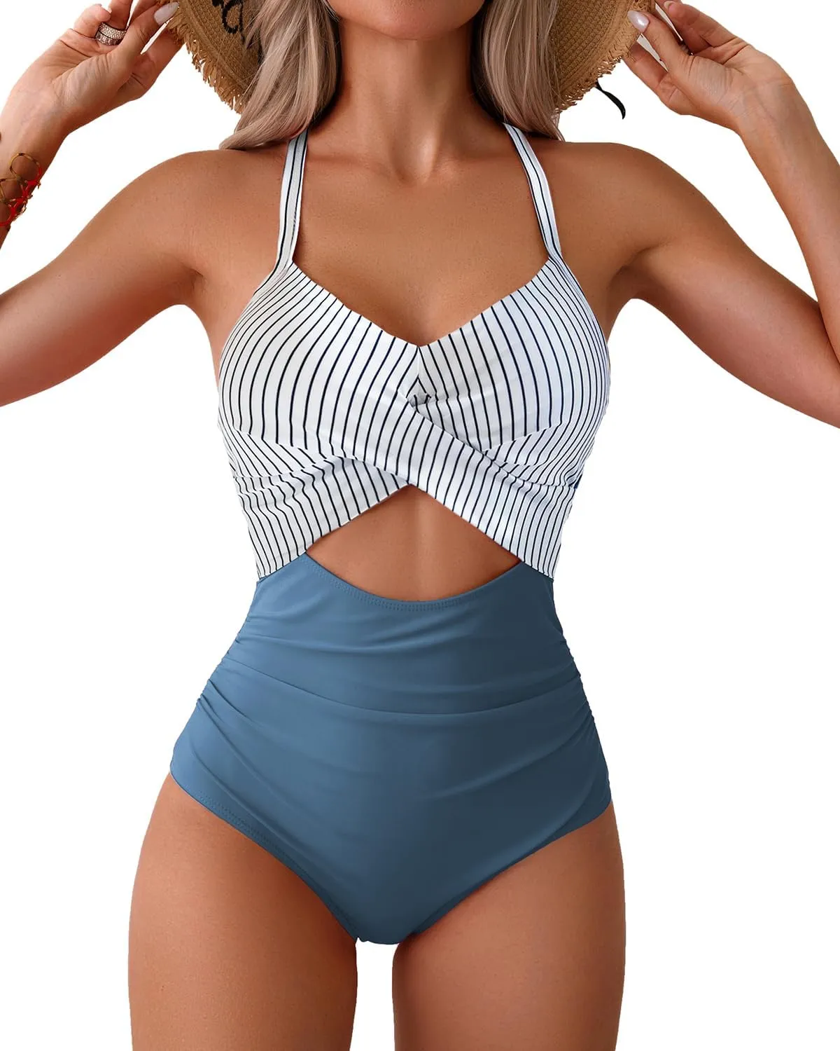 Limeeke Women Cutout One Piece Swimsuit Tummy Control High Waisted Swimwear Wrap Tie Back Bathing Suit
