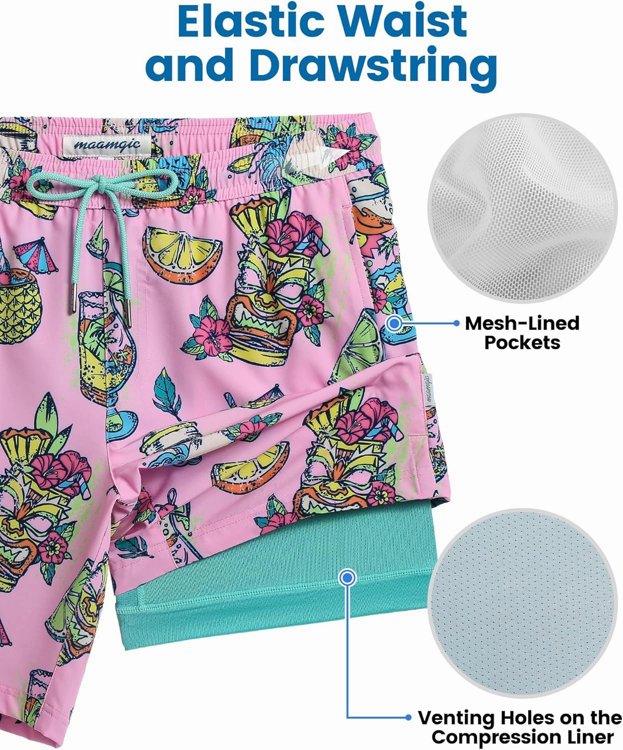maamgic Mens Swim Trunks with Compression Liner 7 Inch Inseam Mens Bathing Suit Quick Dry Swimming Trunks Swimsuit