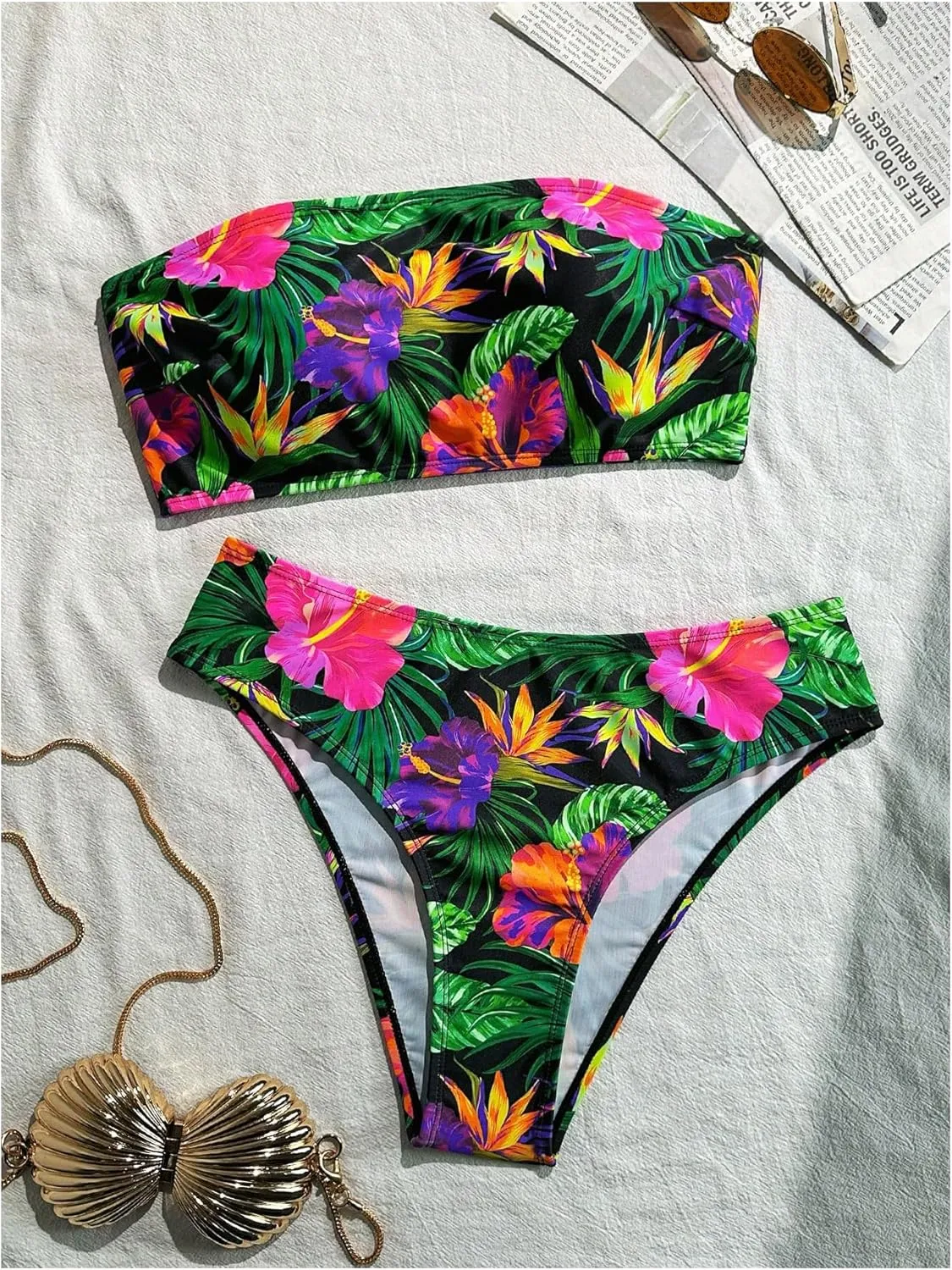 MakeMeChic Women's Bikini Sets Tropical Print Strapless Bandeau Swimsuit Bathing Suit