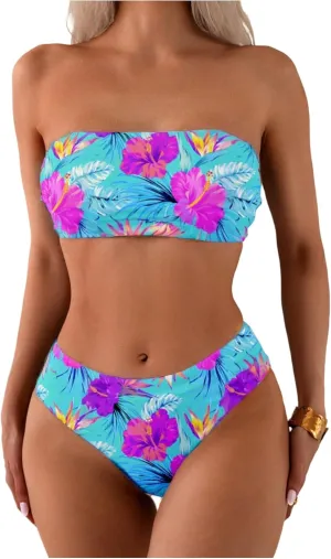 MakeMeChic Women's Bikini Sets Tropical Print Strapless Bandeau Swimsuit Bathing Suit