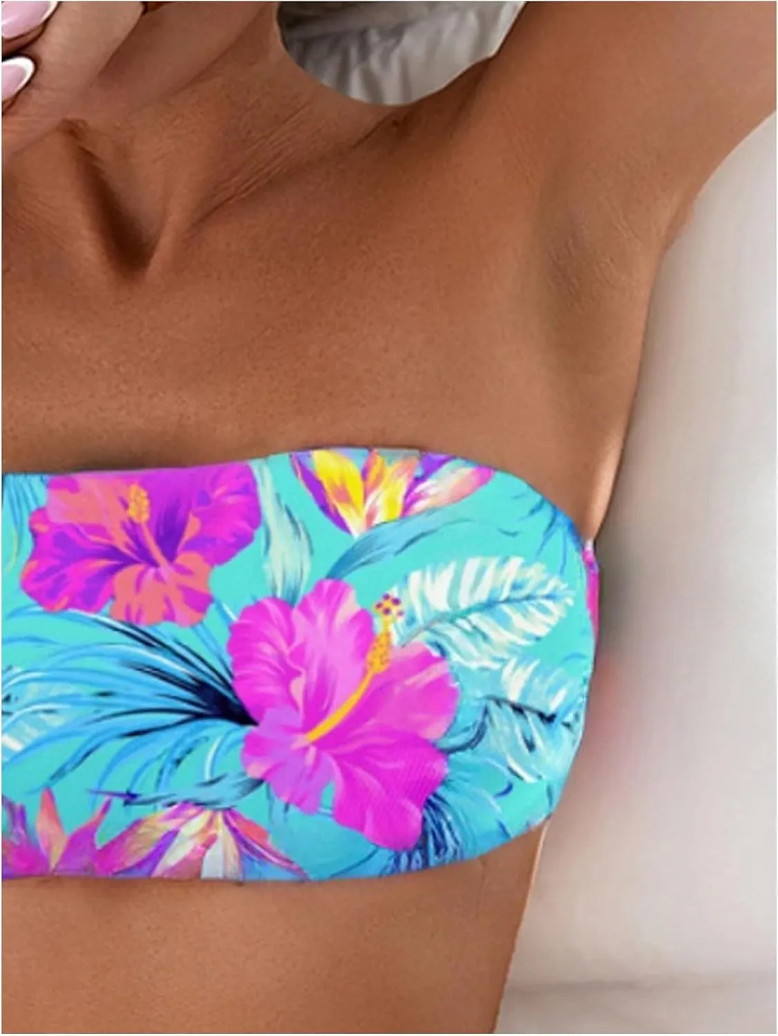 MakeMeChic Women's Bikini Sets Tropical Print Strapless Bandeau Swimsuit Bathing Suit