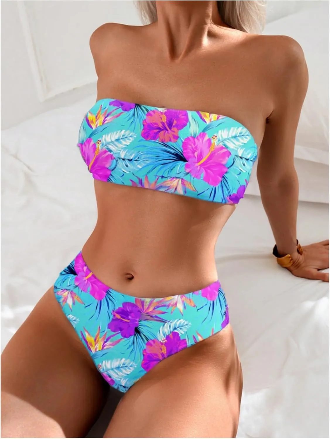 MakeMeChic Women's Bikini Sets Tropical Print Strapless Bandeau Swimsuit Bathing Suit