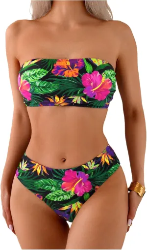 MakeMeChic Women's Bikini Sets Tropical Print Strapless Bandeau Swimsuit Bathing Suit