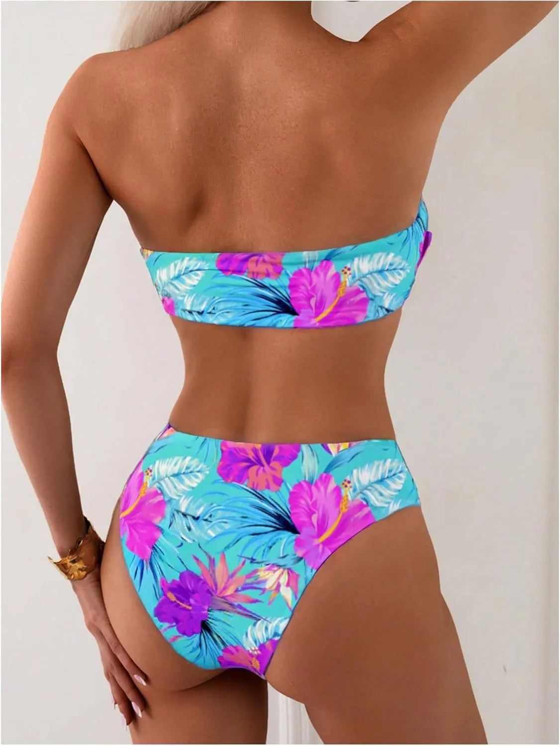 MakeMeChic Women's Bikini Sets Tropical Print Strapless Bandeau Swimsuit Bathing Suit