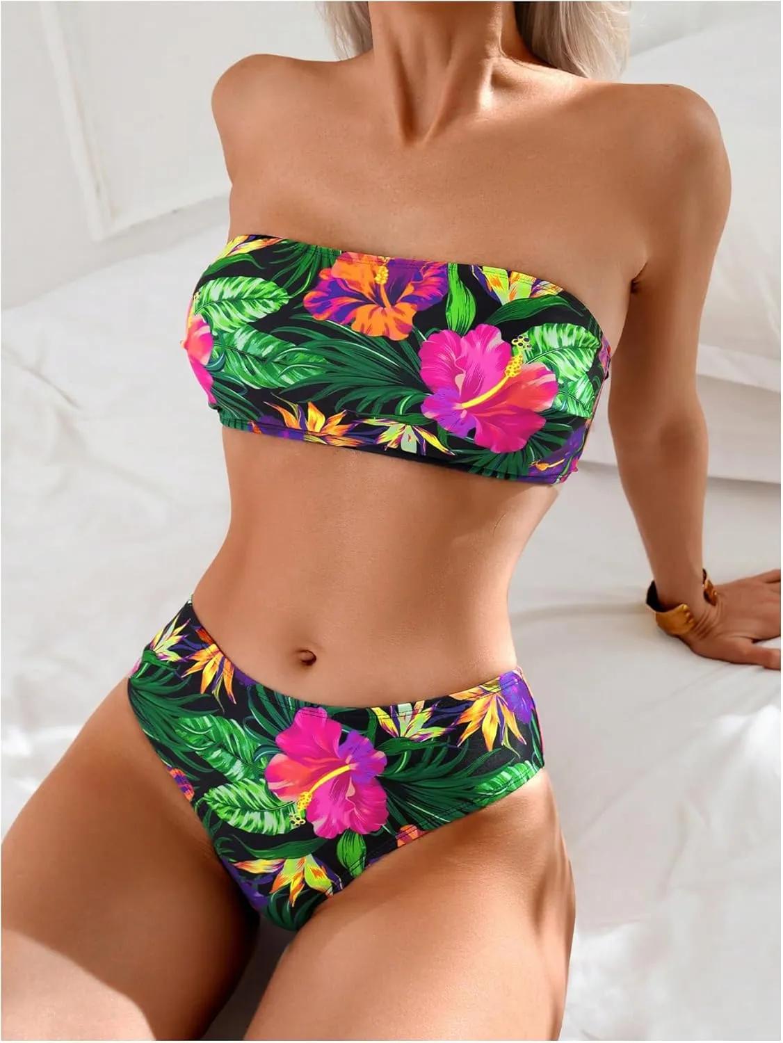 MakeMeChic Women's Bikini Sets Tropical Print Strapless Bandeau Swimsuit Bathing Suit
