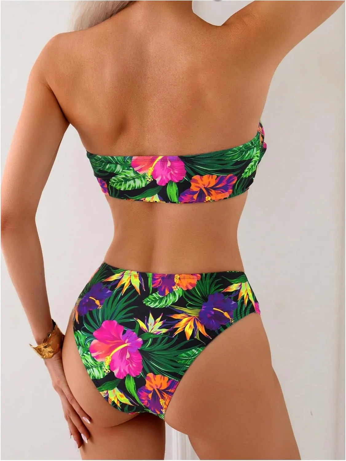 MakeMeChic Women's Bikini Sets Tropical Print Strapless Bandeau Swimsuit Bathing Suit