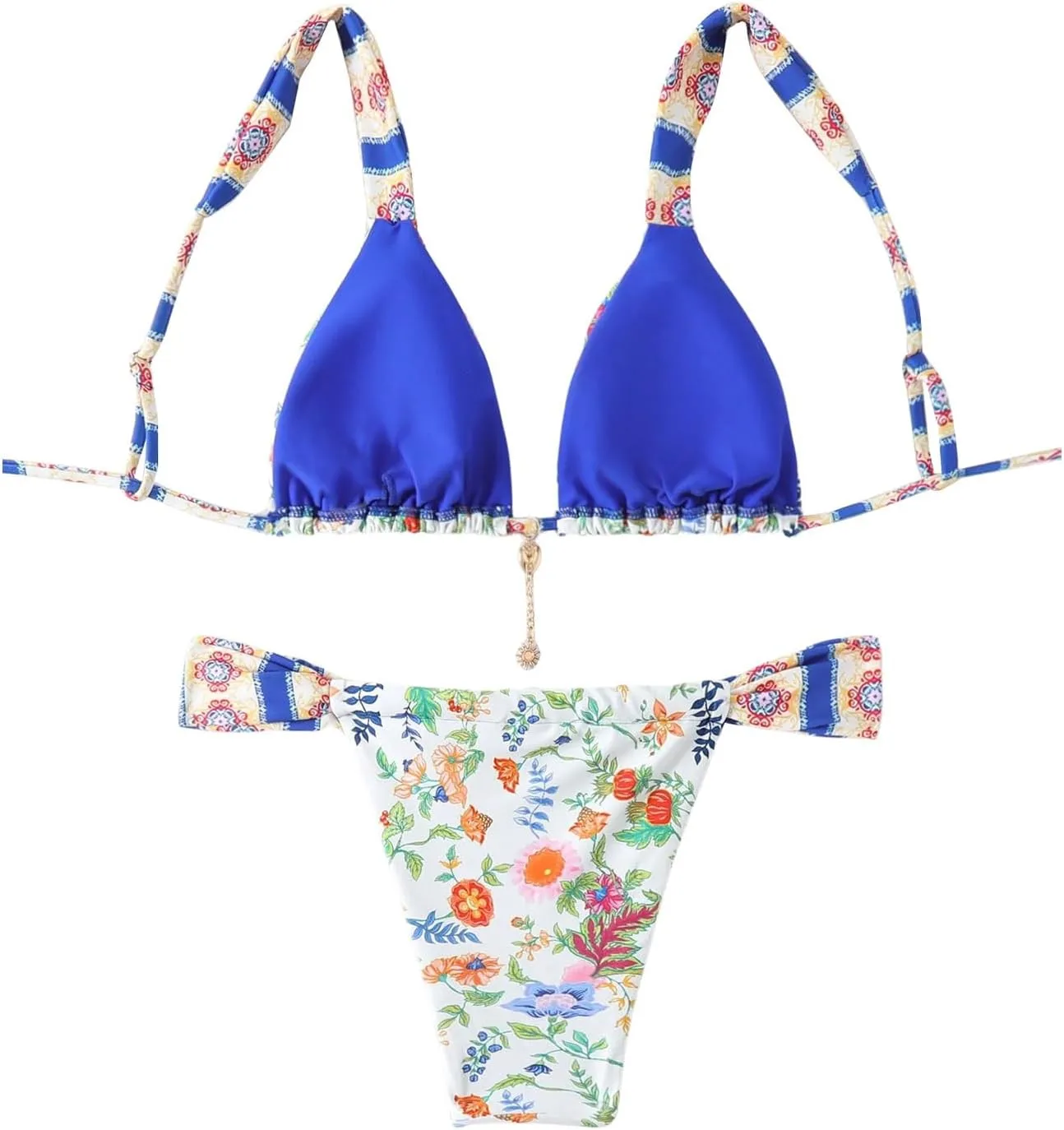 MakeMeChic Women's Floral Print 2 Piece Bikini Sets Tie Back Triangle Thong Bathing Suit Swimsuit