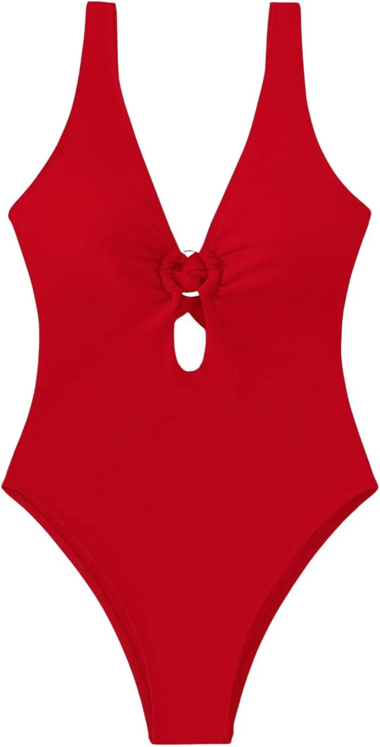 MakeMeChic Women's Twist Back Cut Out Ring Plunge Neck One Piece Swimsuit Bathing Suit