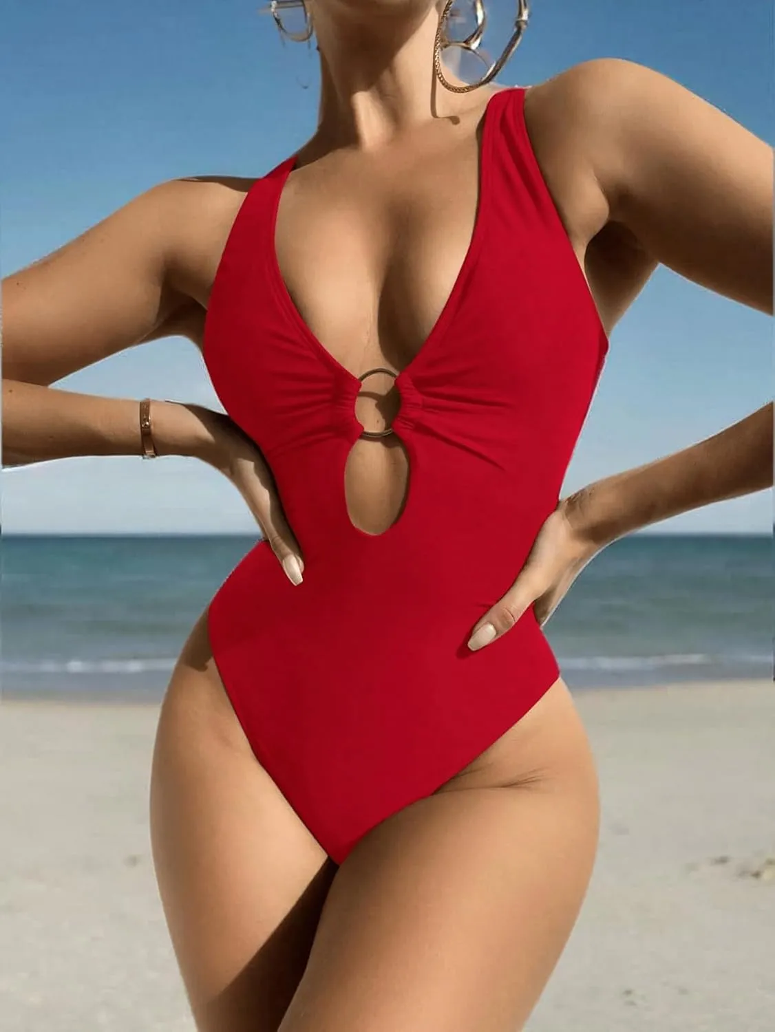 MakeMeChic Women's Twist Back Cut Out Ring Plunge Neck One Piece Swimsuit Bathing Suit