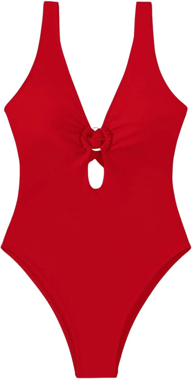 MakeMeChic Women's Twist Back Cut Out Ring Plunge Neck One Piece Swimsuit Bathing Suit