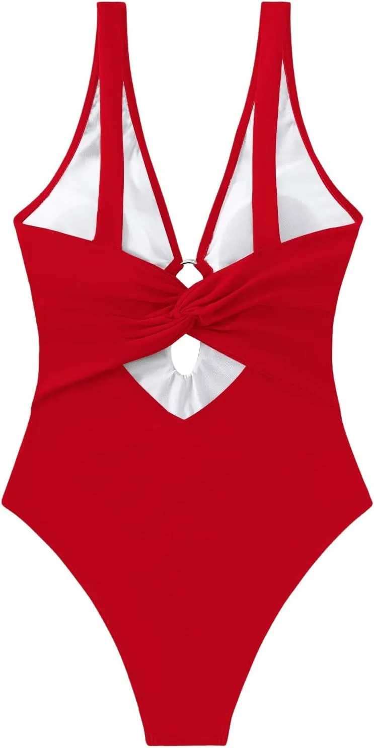 MakeMeChic Women's Twist Back Cut Out Ring Plunge Neck One Piece Swimsuit Bathing Suit
