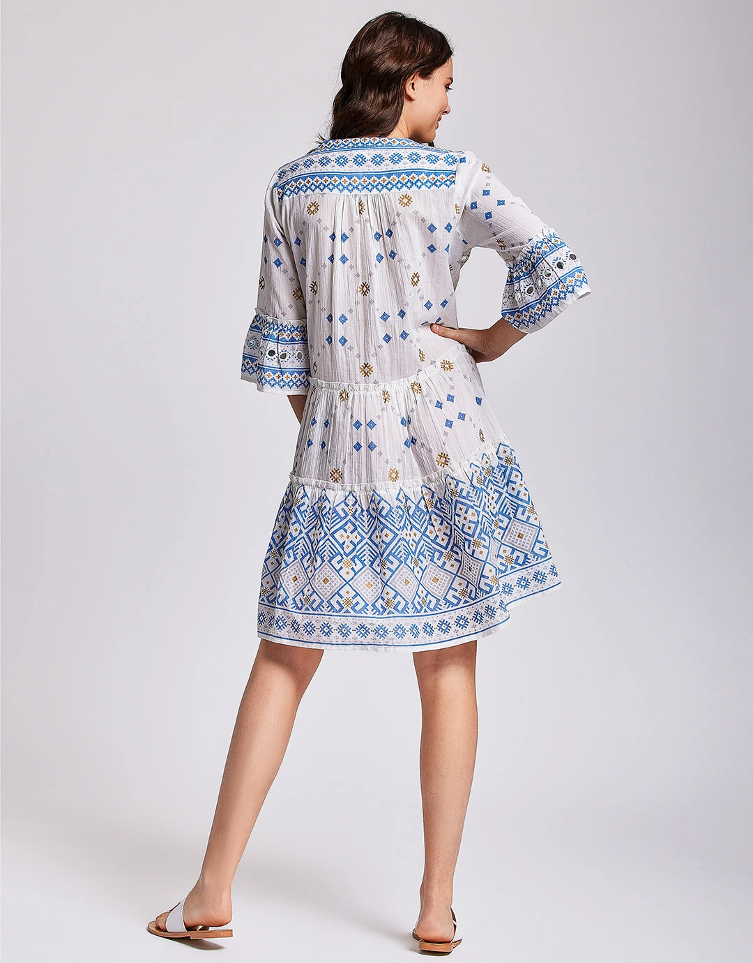 Marina 3/4 Sleeve Dress - White and Blue