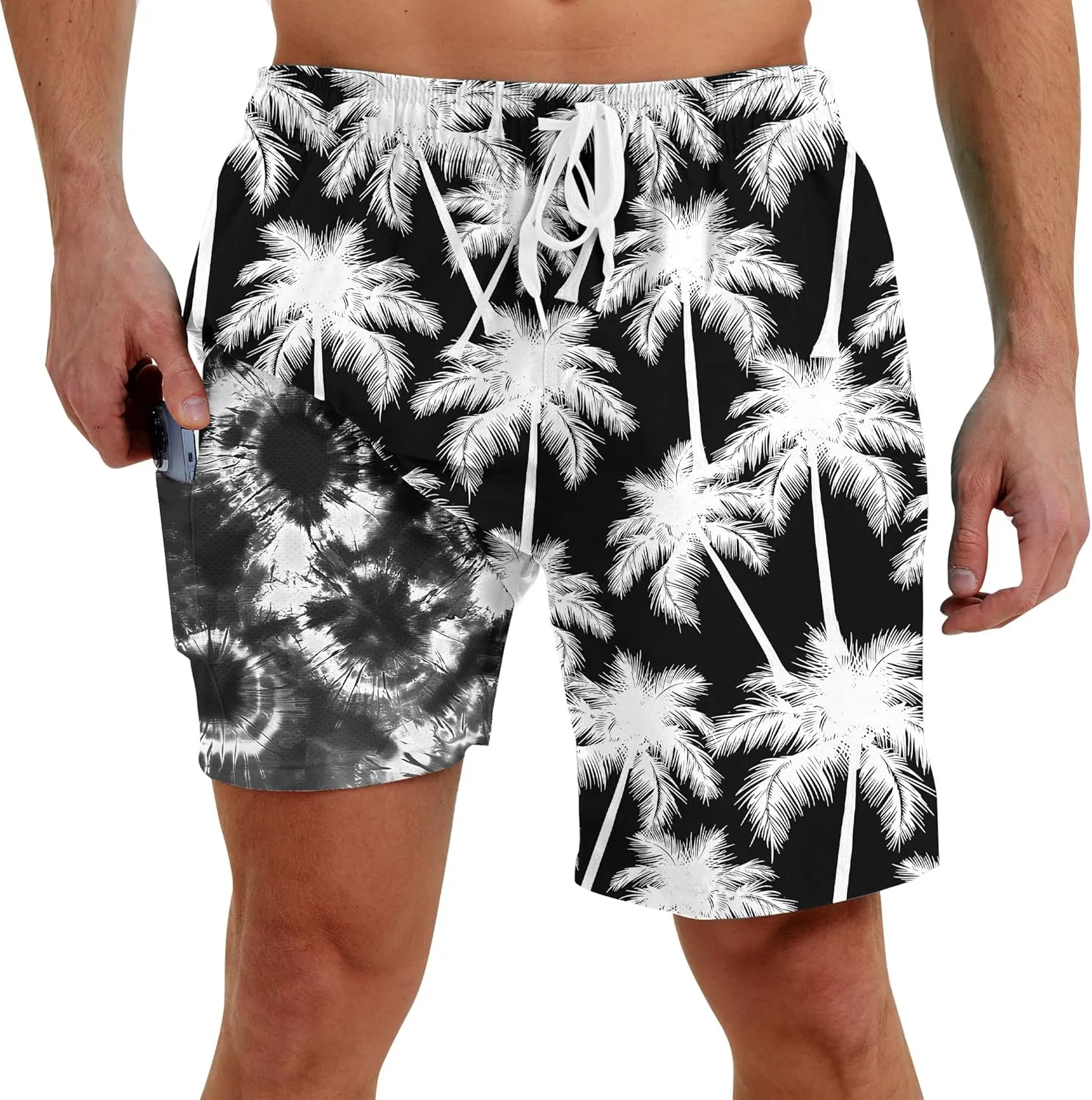 Men Swim Trunks with Compression Liner Men's 2 in 1 Bathing Suits 7 Inch Hawaiian Board Shorts