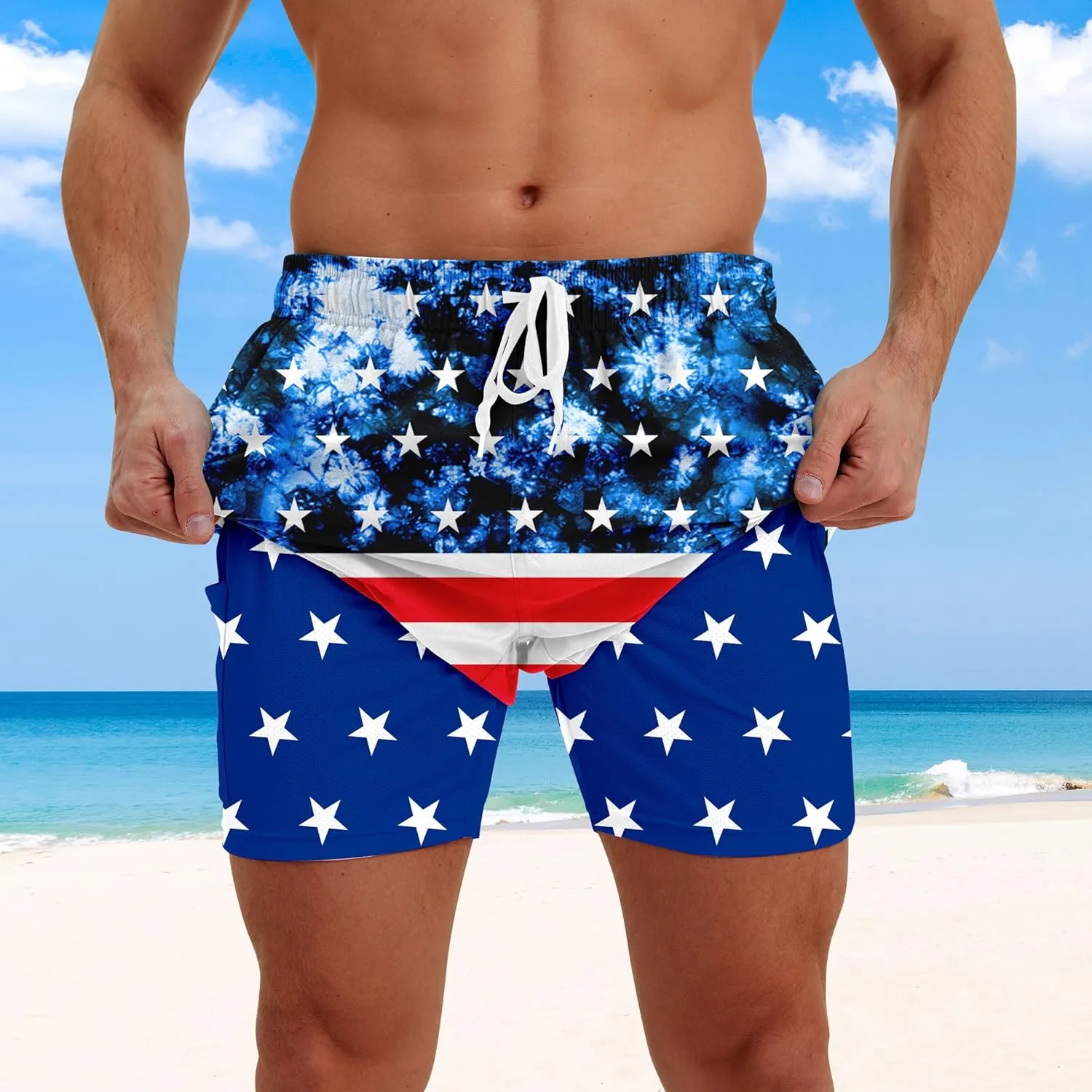 Men Swim Trunks with Compression Liner Men's 2 in 1 Bathing Suits 7 Inch Hawaiian Board Shorts