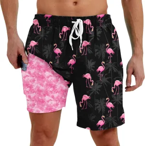 Men Swim Trunks with Compression Liner Men's 2 in 1 Bathing Suits 7 Inch Hawaiian Board Shorts