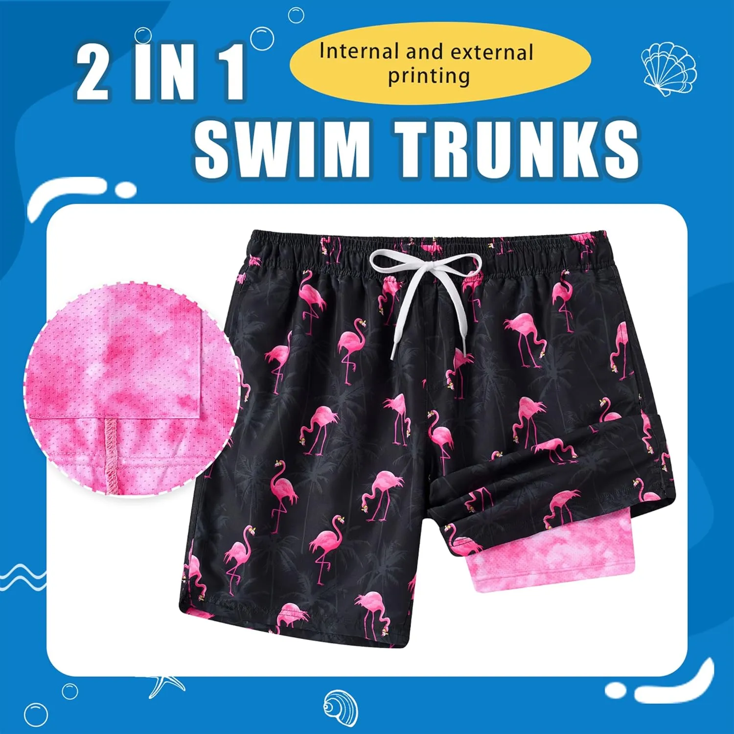 Men Swim Trunks with Compression Liner Men's 2 in 1 Bathing Suits 7 Inch Hawaiian Board Shorts