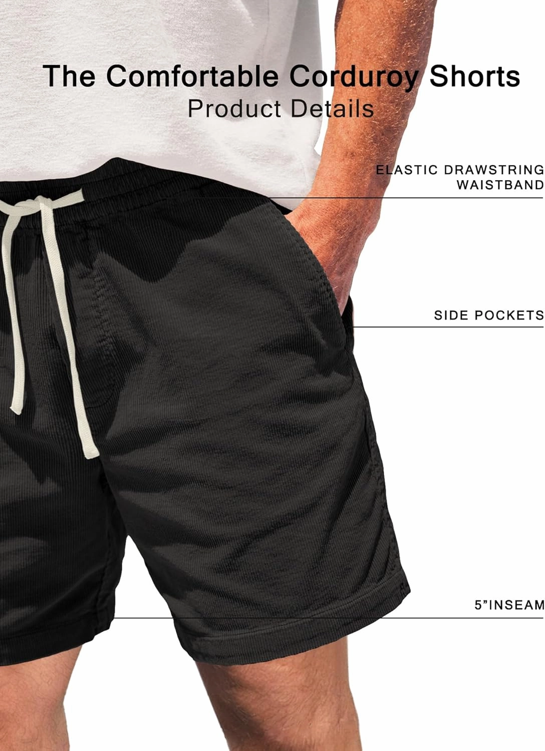 Men's Corduroy Shorts 5 Inch Inseam Drawstring Elastic Waist Lightweight Casual Summer Beach Shorts with Pocket
